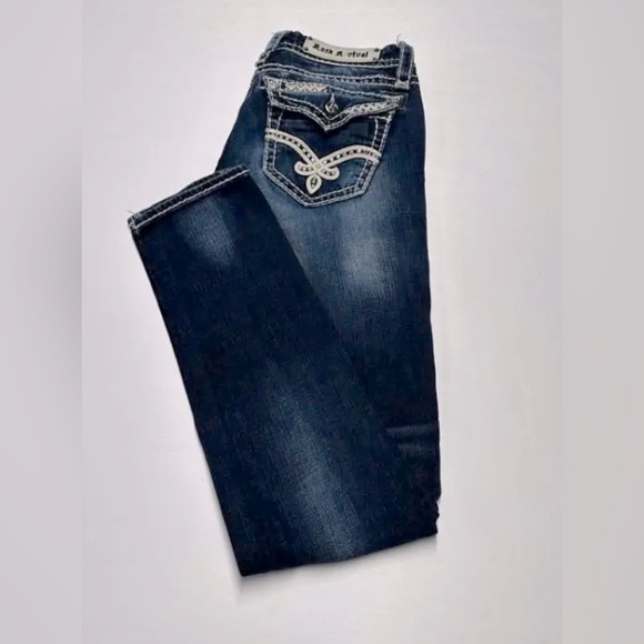 ROCK REVIVAL ELAINA Skinny Jeans Low Rise 28/31 Dark Wash Rhinestone Flip Pocket - Picture 1 of 17